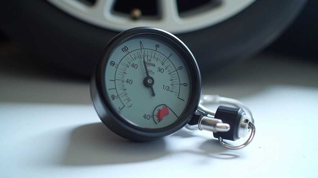 Close-up of a digital tyre pressure gauge displaying PSI reading next to a red thermometer
