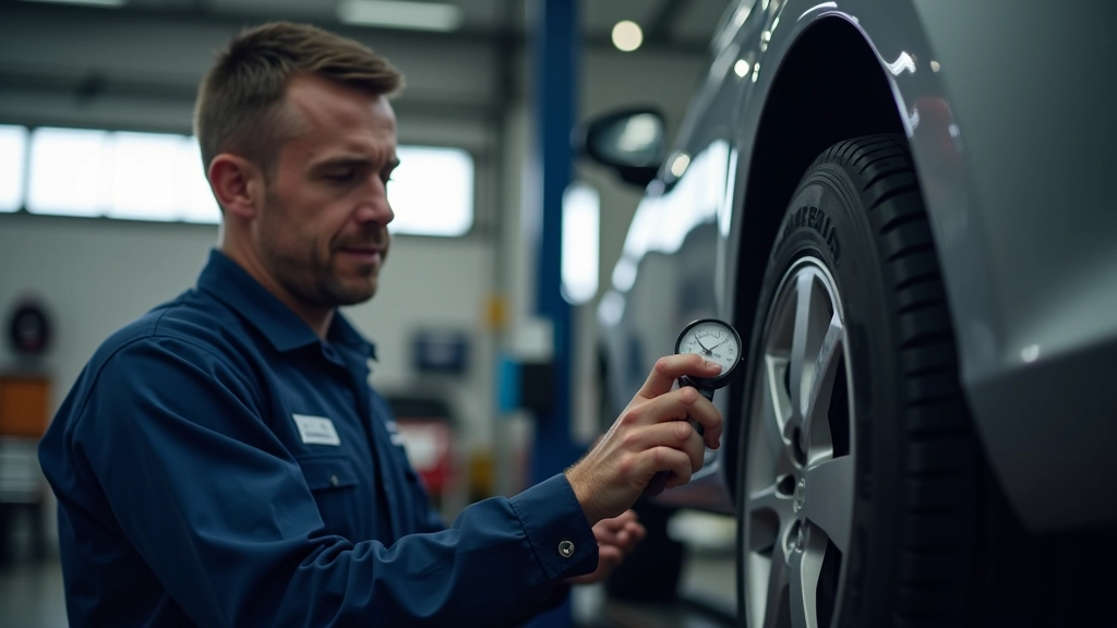 Mechanic adjusting tyre pressure at a service station with digital gauge showing correct PSI