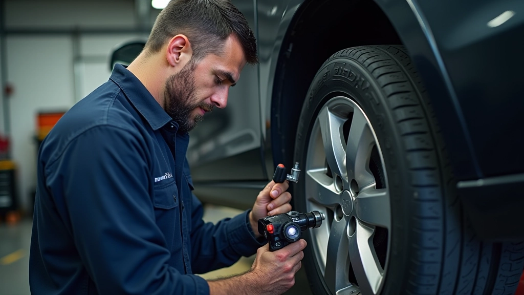 Mechanic fitting a tyre to a wheel