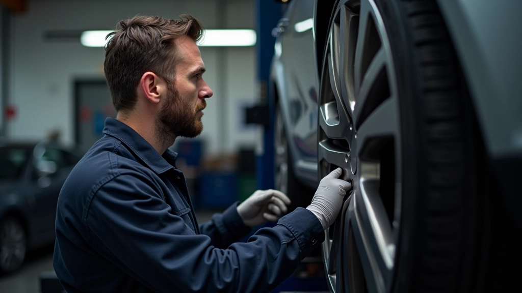 Mechanic checking wheel alignment on car lift in professional garage workshop