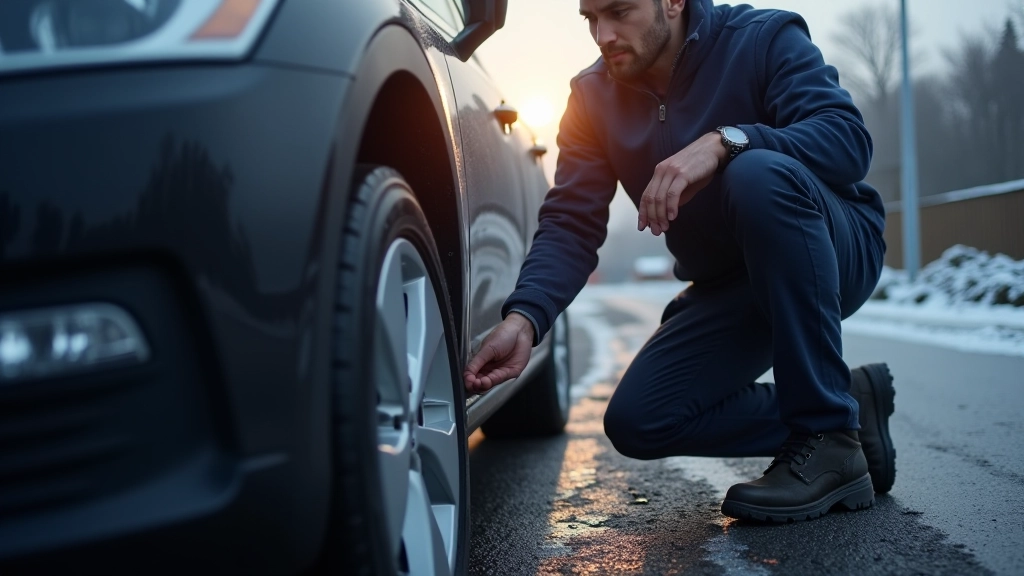 Person checking tyre pressure with a pressure gauge on a cold winter morning with frost visible