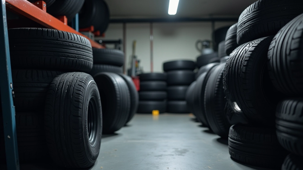 Comparison of tire storage methods showing both stacked arrangement and wall-mounted vertical storage options