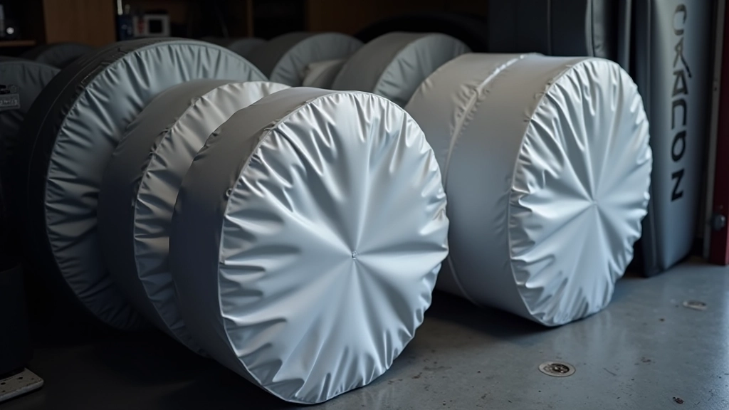 Protective tire covers and storage bags laid out demonstrating UV protection for stored tires