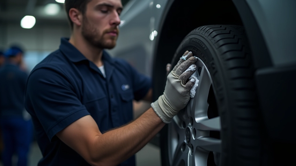 Car tire being cleaned and inspected before seasonal storage with inspection checklist visible