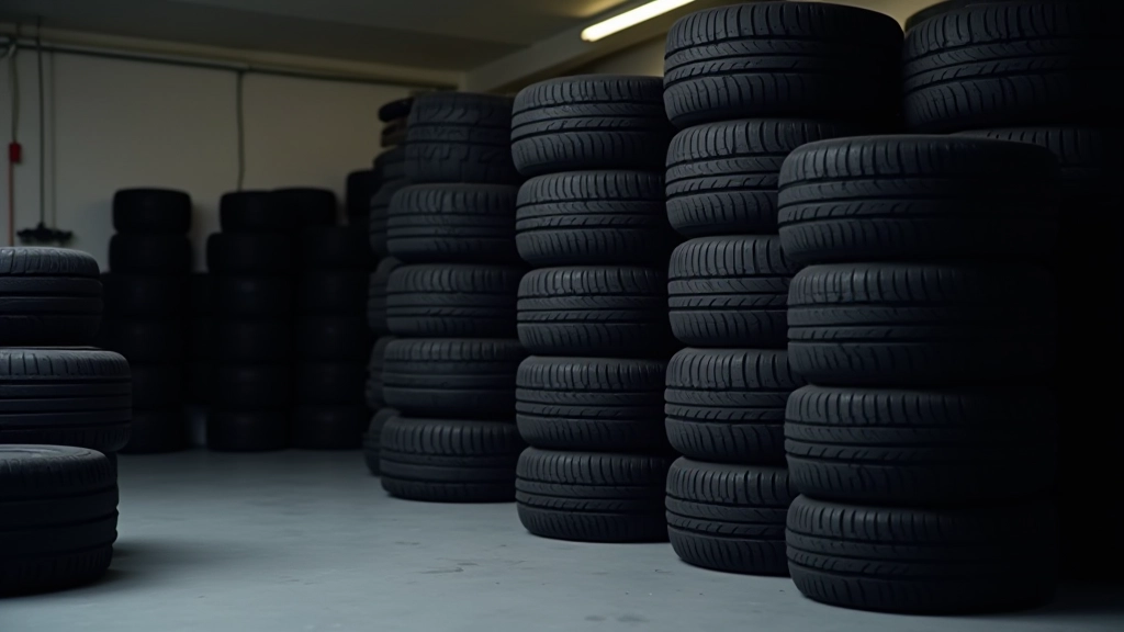 Neatly stacked and organized tyres stored vertically in a climate-controlled garage or storage facility