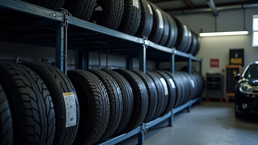 Wall-mounted tire storage rack in clean garage with organized labeling system